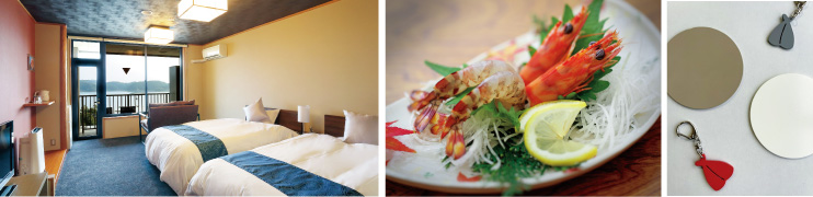 長崎県松浦市_（左）伊万里湾を望みながら過ごす「お部屋お任せプラン（ペア）」_（中央）福島活きくるまえびも返礼品に_（右）アジフライキーホルダー
